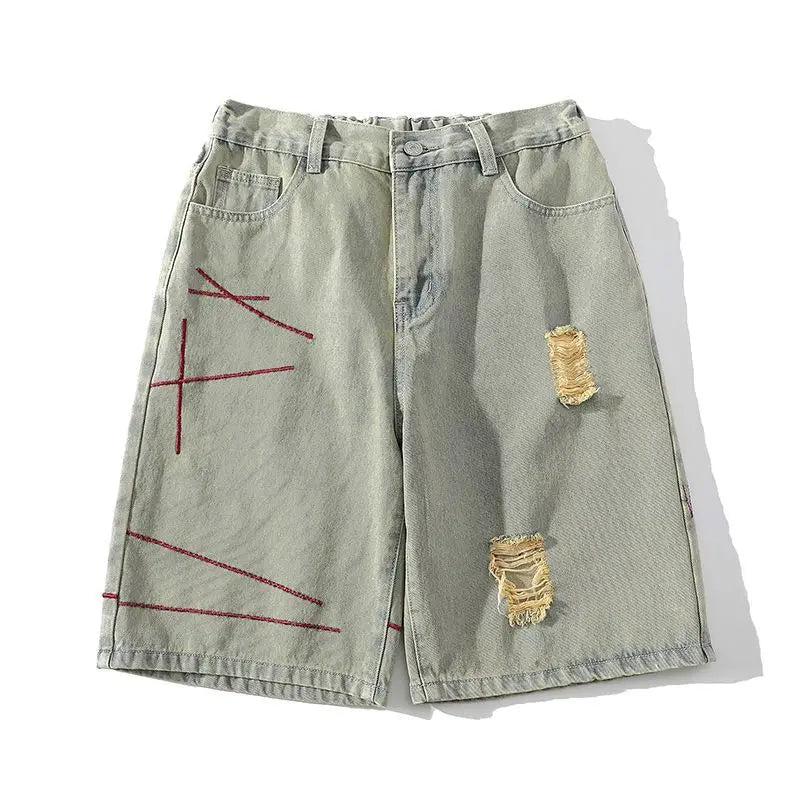Voguable  Men Five-point Ripped Summer Thin Style Wear New Versatile Loose Denim Shorts voguable