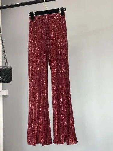 Voguable  New Autumn and Winter Women's Fashionable Shiny White Trousers, Versatile Slimming High Waist Sequined Flared Trousers voguable