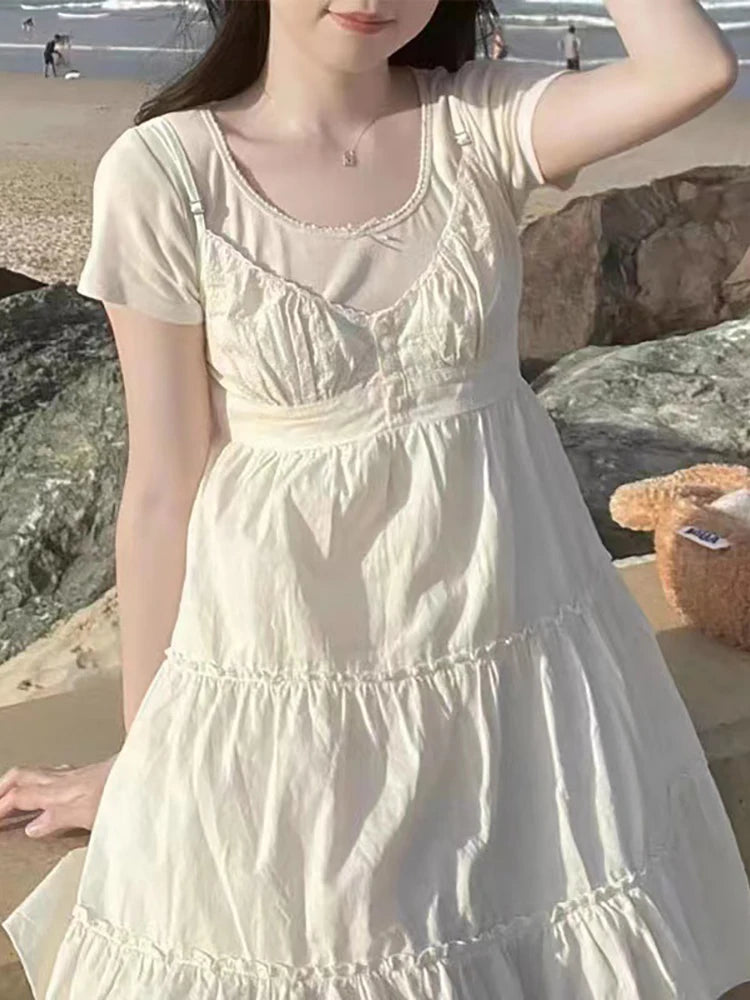 Voguable  Vintage Girls y2k Sweet Cascading Yellow Dress 2024 Fashion Ladies Soft Cotton Cute Midi Dresses for Women Chic Outfits voguable