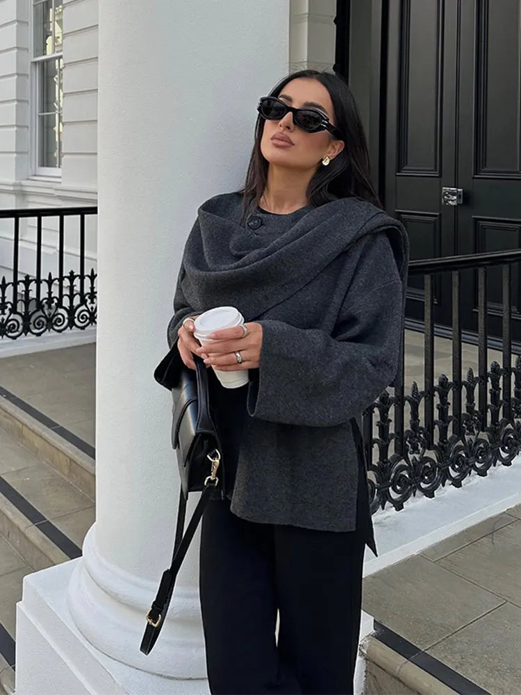 2024 New Fashion Scarf Collar Woolen Jackets For Women Elegant Long Sleeved Side Split Casual Coats Female Chic Autumn Overcoats voguable