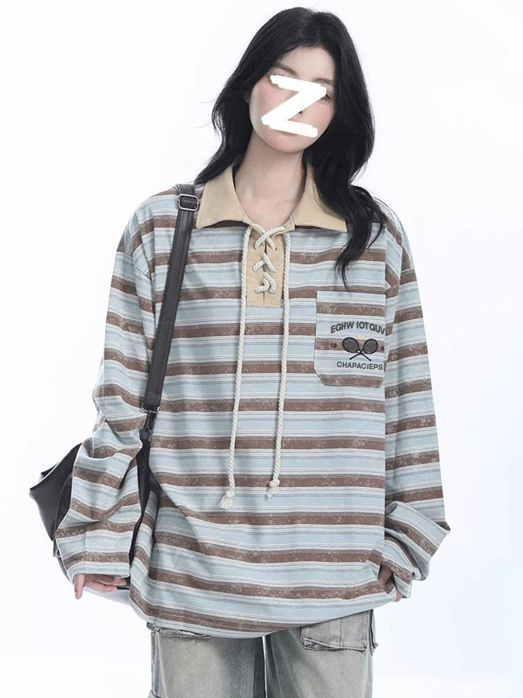 Retro Preppy Style Striped T Shirt Women Loose Long Sleeve American Retro Tees Fall New Letter Embroidery Lace Up Patchwork Tops voguable