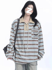 Retro Preppy Style Striped T Shirt Women Loose Long Sleeve American Retro Tees Fall New Letter Embroidery Lace Up Patchwork Tops voguable