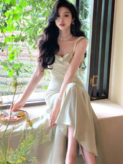 New Summer French Fashion Women Spaghetti Strap Elegant Long Mermaid Ruffles Dresses Evening Party Prom Clothes voguable