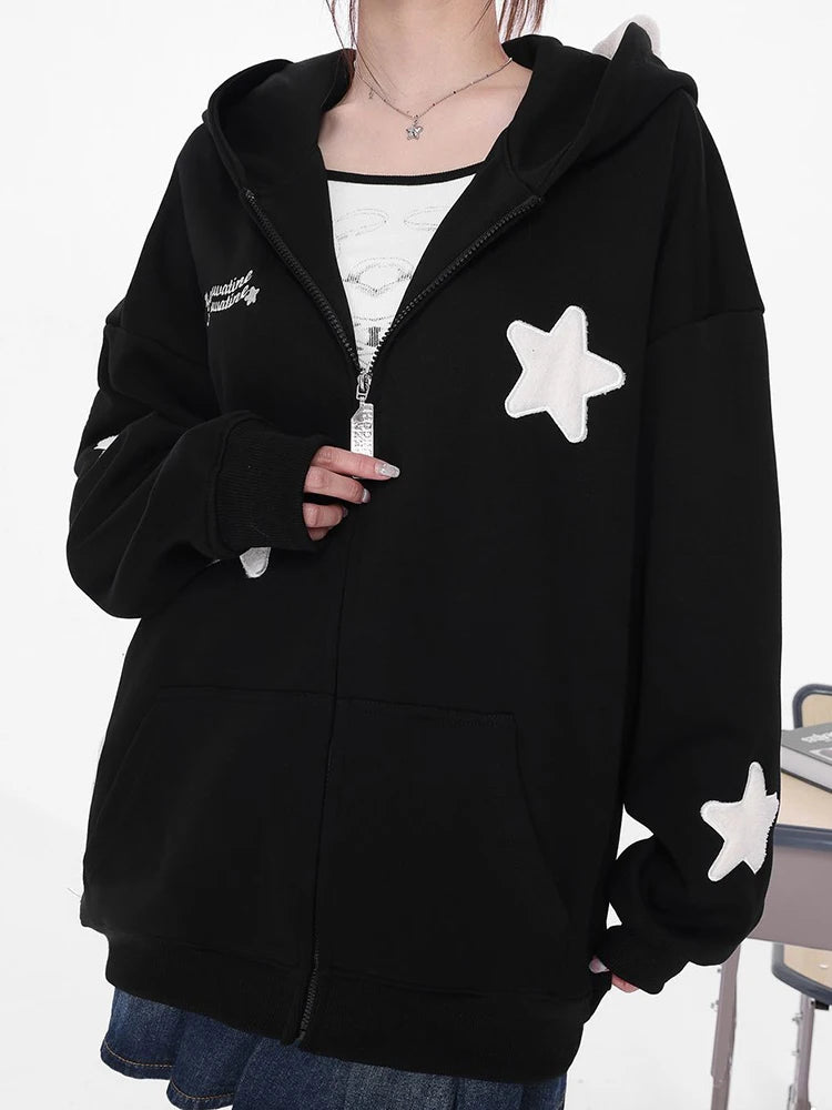 Stars Print Women Hoodies Vintage Cute Preppy Style Long Sleeve Sweatshirts American Retro Letter Loose Design Female Tops voguable