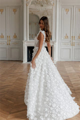 Cathy White 3D Flower Prom Dresses Lace-up Back A-line vestidos de noche Elegant Sleeveless Side High Split Formal Evening
