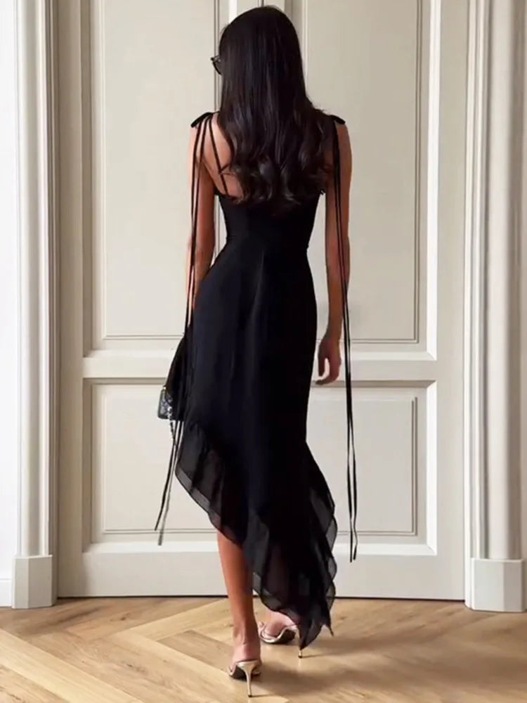 Spaghetti Strap Ruffle Sexy Midi Dress Women Gown Fashion Elegant Sleeveless Backless Irregular Club Party Long Dress voguable