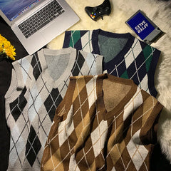 2025 Spring Autumn Diamond Grid Candle Knitted Vest Men Women Loose Pullover Retro Outer Sleeveless Sweater Vest Aesthetic voguable