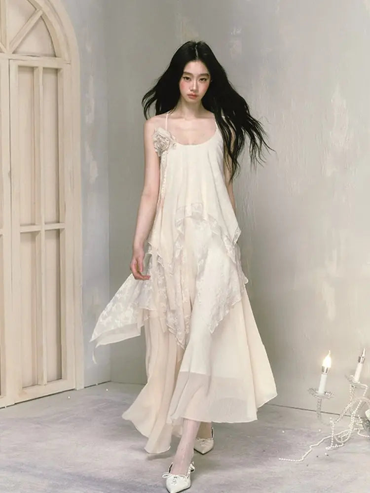 Voguable  2024 Summer French Vintage Midi Dress Women Y2k Lace Patchwork Elegant Beach Style Strap Dress Female Korea Fashion Chic Clothes voguable