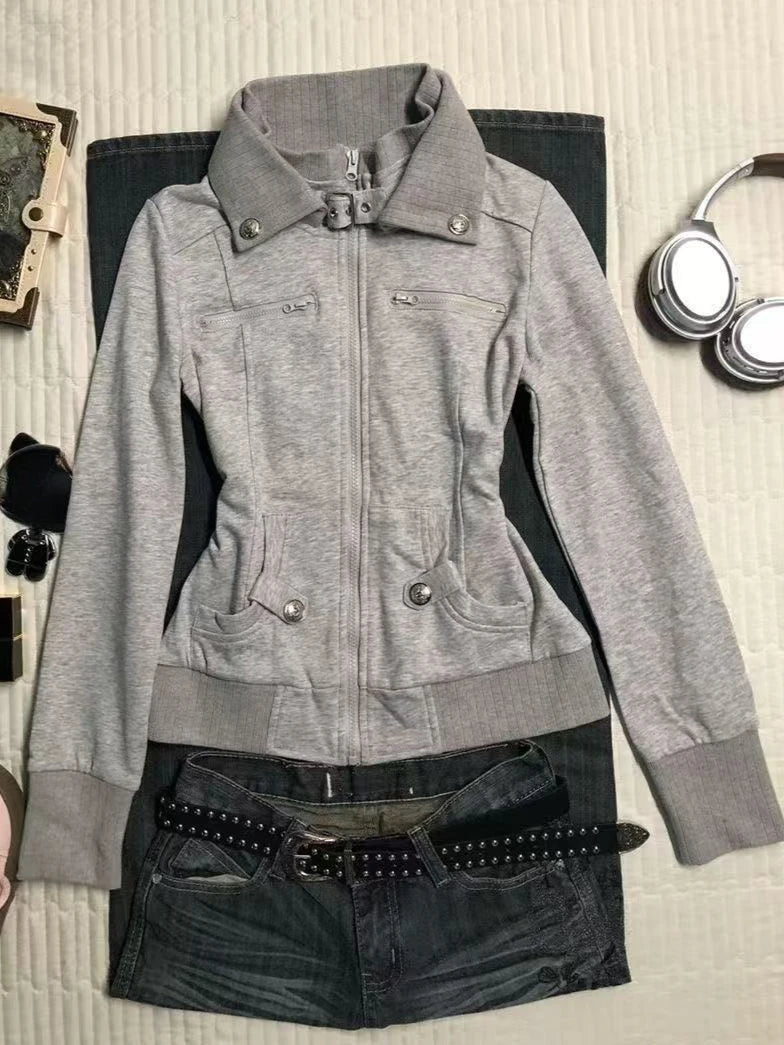 Voguable  Vintage 90s Harajuku Aesthetic Streetwear Button Hooded Sweatshirts Grunge Stand Neck Jacket Y2k Casual Outfit Street Wear New voguable