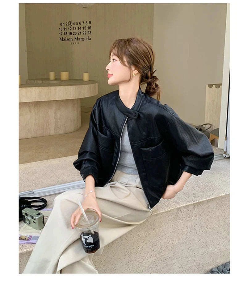 Sweet Biker Pu Jacket Women Vintage Preppy Style Big Pockets Short Coat Casual Korean Long Sleeve Retro O Neck Cute Tops voguable