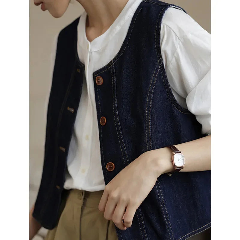 Y2K Retro Harajuku Denim Vest Women Slim Streetwear American Vintage Vest Jacket Fall O Neck Sleeveless Female Solid Vest Tops voguable