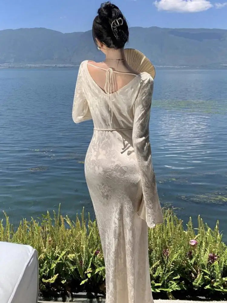 Voguable  Women Beige Elegant Long Sleeve Slim Bandage Dress Backless Autumn French Evening Party Wrapped Hip Dresses Vintage Fashion voguable