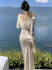 Voguable  Women Beige Elegant Long Sleeve Slim Bandage Dress Backless Autumn French Evening Party Wrapped Hip Dresses Vintage Fashion voguable