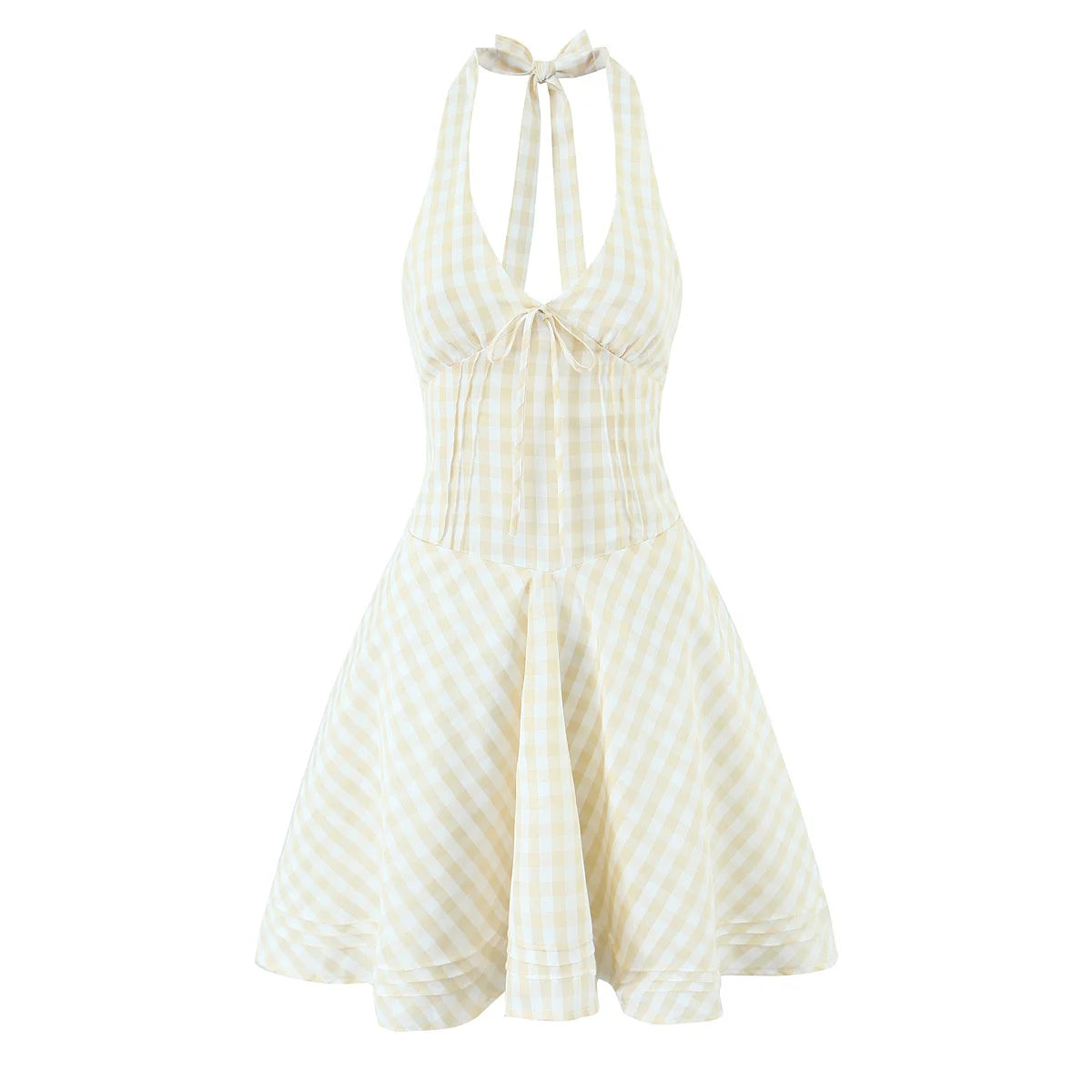 Sexy Backless Halter Mini Plaid Dress Women Deep V  Lacing Up Bandage Back A-line  Holiday Summer Dresses Short Robe voguable