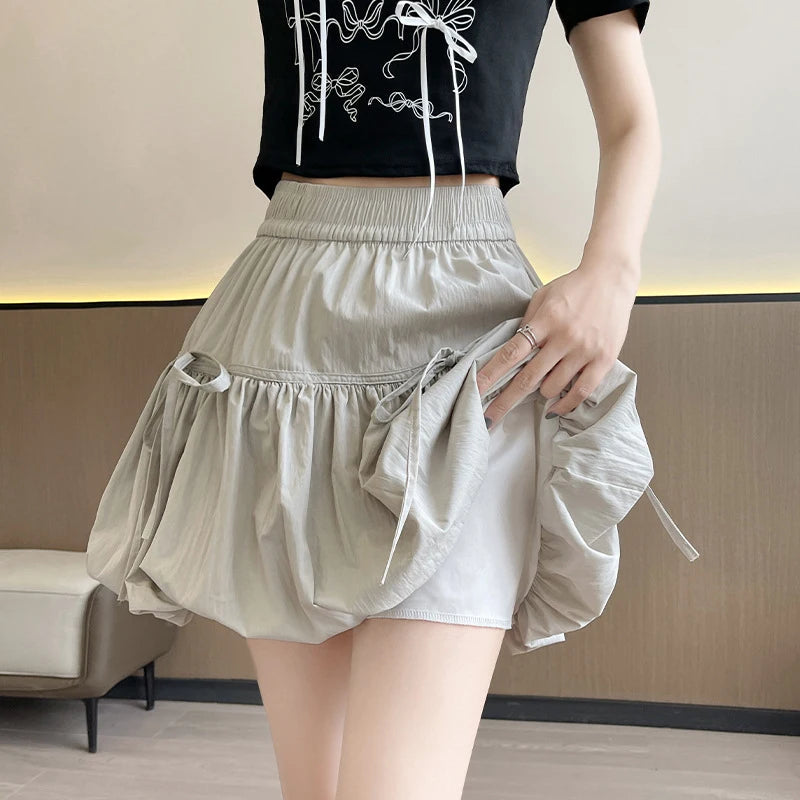 Voguable  Sweet Bow Pleated Fluffy Skirts for Women Summer Korean Style Elastic Waist Lantern Skirt Woman Loose White A-Line Short Skirts voguable