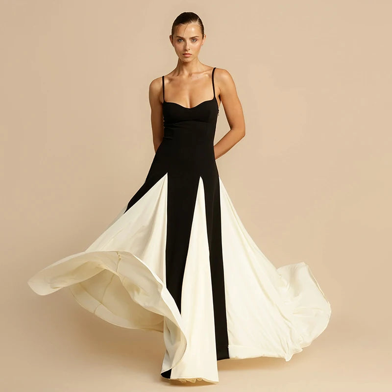 Contrast Color Suspender Maxi Evening Dress Women's With Lining Sexy Backless Splice Sleeveless Long Party Dress Female voguable