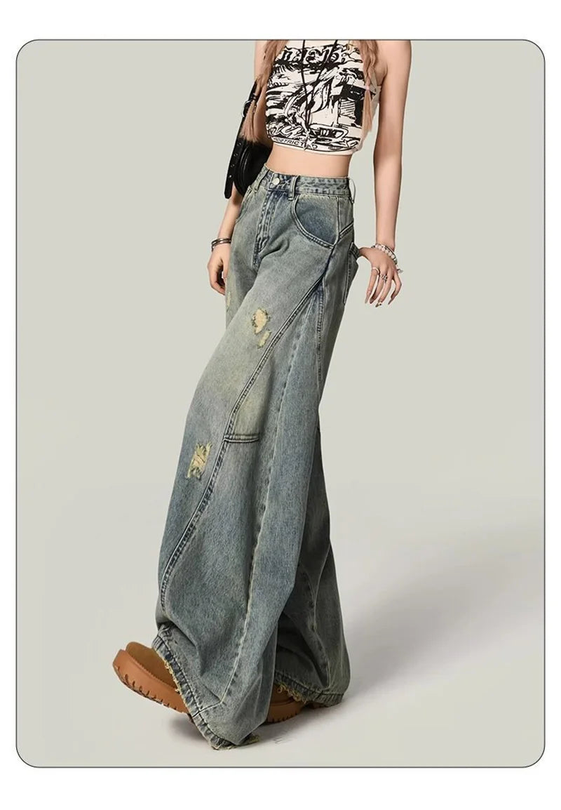 Women Y2K Hole Jeans Streetwear American Retro High Waist Loose Denim Pants Casual Hip Hop Vintage Pockets Lady Gothic Trousers voguable