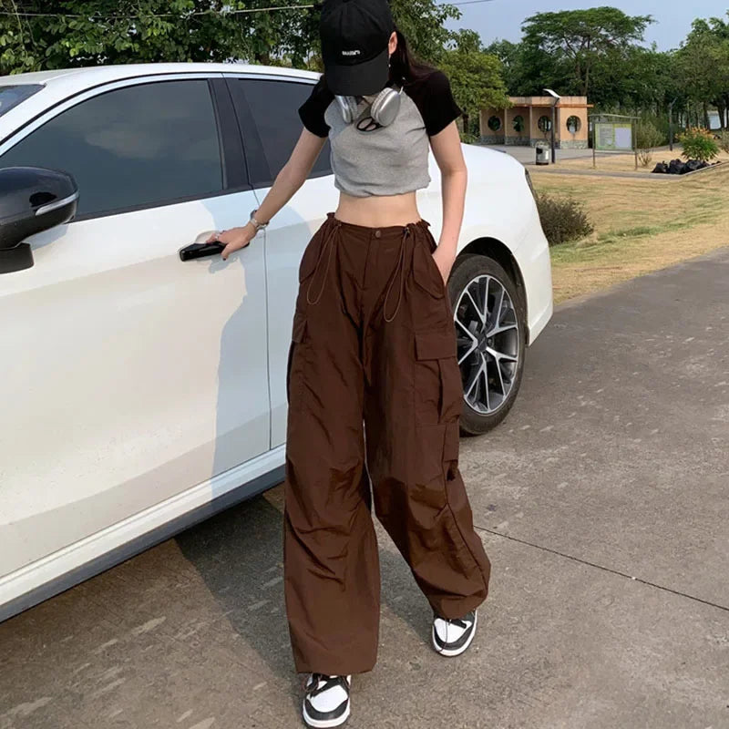 Y2K Brown Drawstring Cargo Pants Women Vintage Hip Hop Streetwear Baggy Pocket Wide Leg Trousers Summer Casual Straight Pants voguable