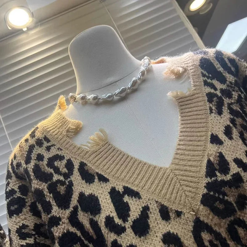 Hip Hop Hole Leopard Sweater Women Loose Streetwear Lazy Wind Y2K Knitted Jumper American Harajuku Vintage Long Sleeve Tops voguable