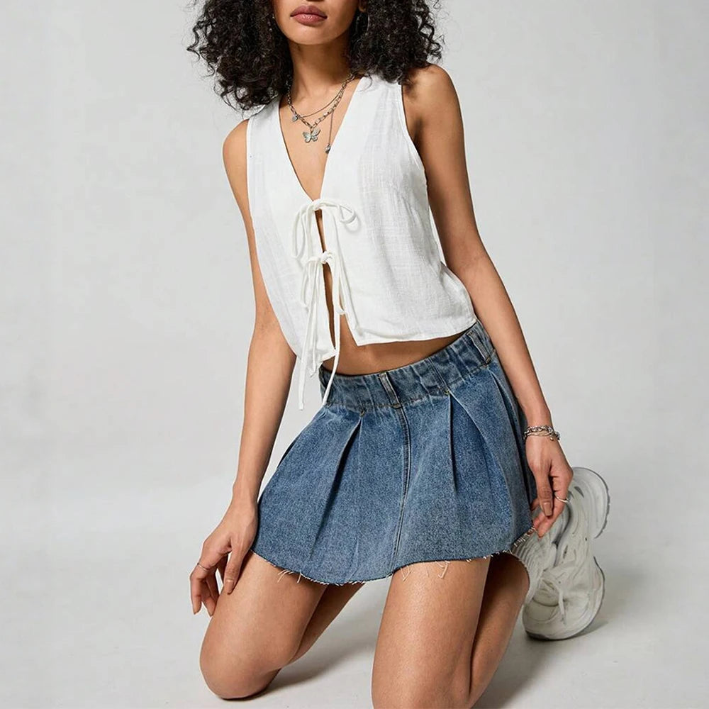 Blouses Spring Summer Fitting Slim Casual Lace-Up Sleeveless V-Neck Daily Blouses For Women voguable