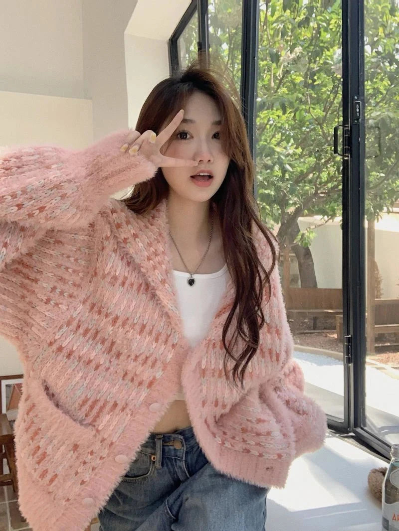 Mohair Sweet Pink Cardigan Sweater Women Elegant Lazy Wind Chic Knitted Coat Loose Long Sleeve Fashion High Quality Tops voguable