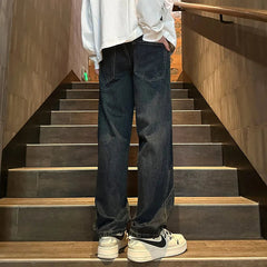 Straight Leg Jeans Men Washed Solid Trousers Panel Design Denim Pants Autumn Fall Male Wear New 2025 High-quality denim pants voguable