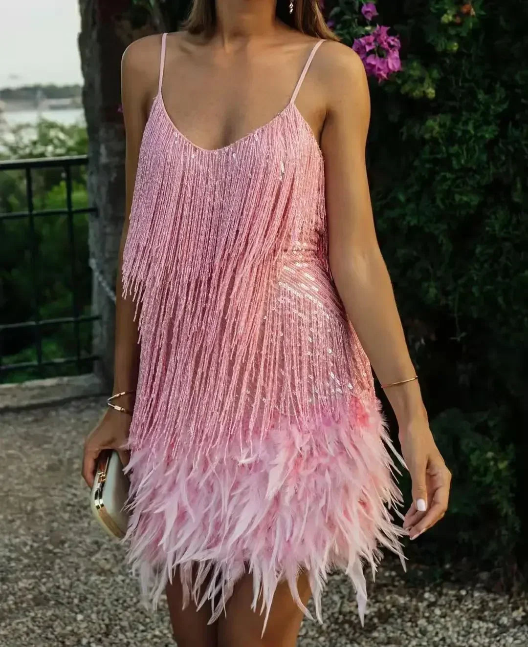 Taruxy Tassel Sequins Dress Women Elegant Feather Spaghetti Straps Mini Dresses Summer Sexy Party Club Evening Dresses Vestidos voguable
