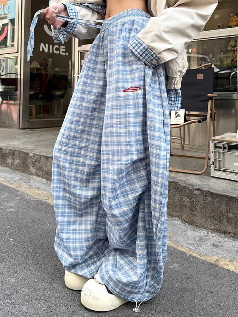 Streetwear Y2K Plaid Pants Women Vintage American High Waist Scimitar Pants Harajuku Oversize Loose Bf Casual Trousers New voguable