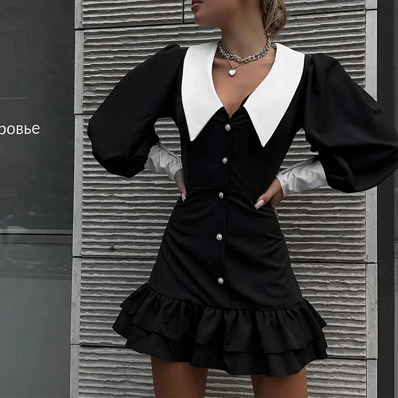 Voguable  Spring&Autumn Elegant Contrast Color Lapel Mini A-line Dress Long Sleeve Buttons Ruffle Hem Zip Up Cute Party Female Dress voguable