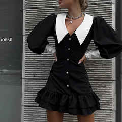 Voguable  Spring&Autumn Elegant Contrast Color Lapel Mini A-line Dress Long Sleeve Buttons Ruffle Hem Zip Up Cute Party Female Dress voguable
