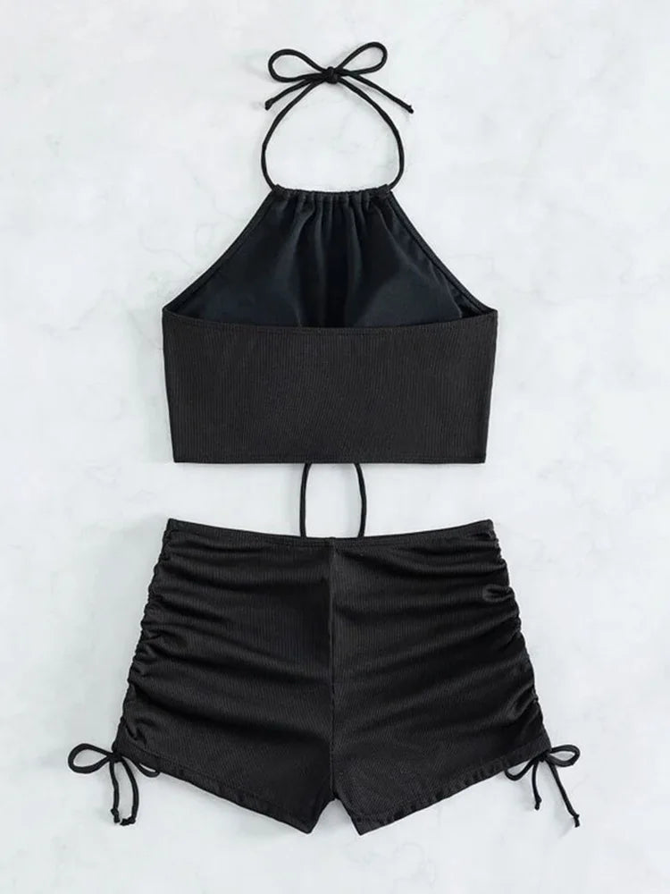 Voguable  Sexy High Waist Laced Up Bikini 2 Piece Set Women Split Swimsuit Beach Bikini New All Season Solid Backless Bikini Set voguable