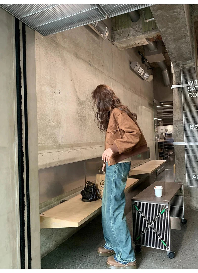 Y2K Retro Baseball Jacket Women Faux Suede Long Sleeve Fall Winter Coat Streetwear Casual American Vintage O Neck Bf Tops voguable