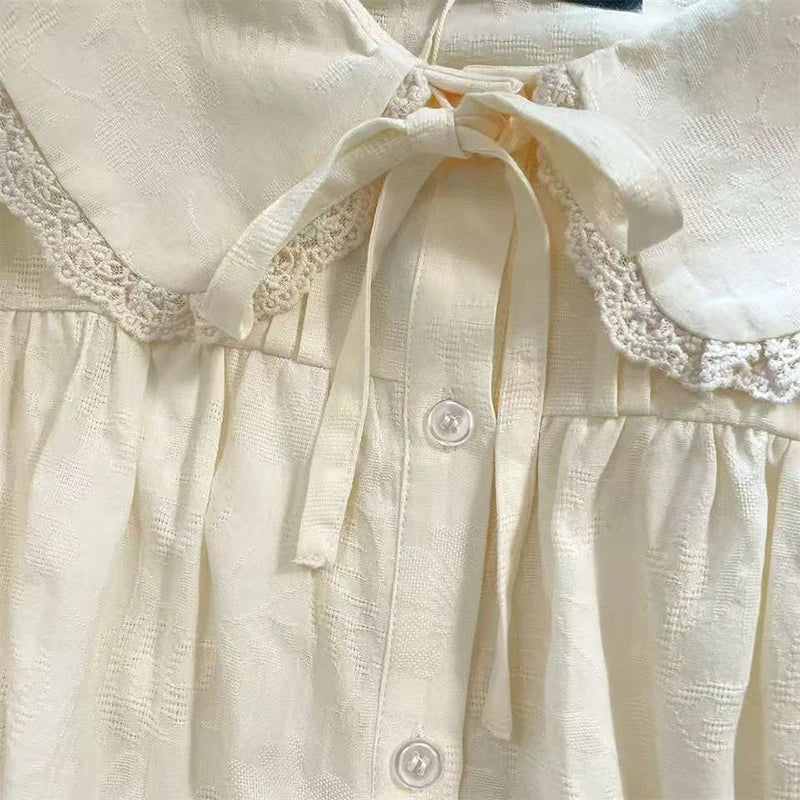 Sweet Doll Collar Shirt Women Japanese Kawaii Lace Patchwork Long Sleeve Blouse Loose Preppy All-Match Apricot Shirt Female voguable