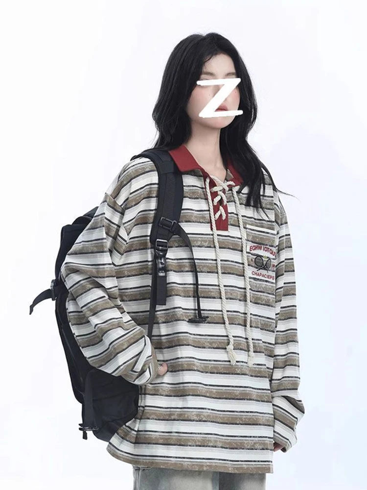 Retro Preppy Style Striped T Shirt Women Loose Long Sleeve American Retro Tees Fall New Letter Embroidery Lace Up Patchwork Tops voguable
