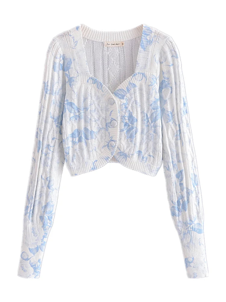 Autumn Retro Tie-dye Flower Print Cropped Cardigan Woman V neck Puff Long Sleeve Knitted Sweater Knitwear Jumper voguable