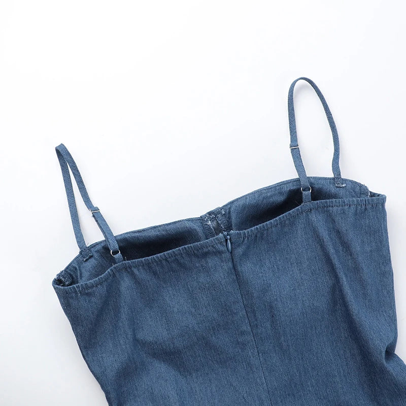 Voguable  Spaghetti Strap Imitation Jeans Sleeveless Female Vestido Low Waist Slash Neck New Fashion Femme A-line Pleated Sexy Dresses voguable