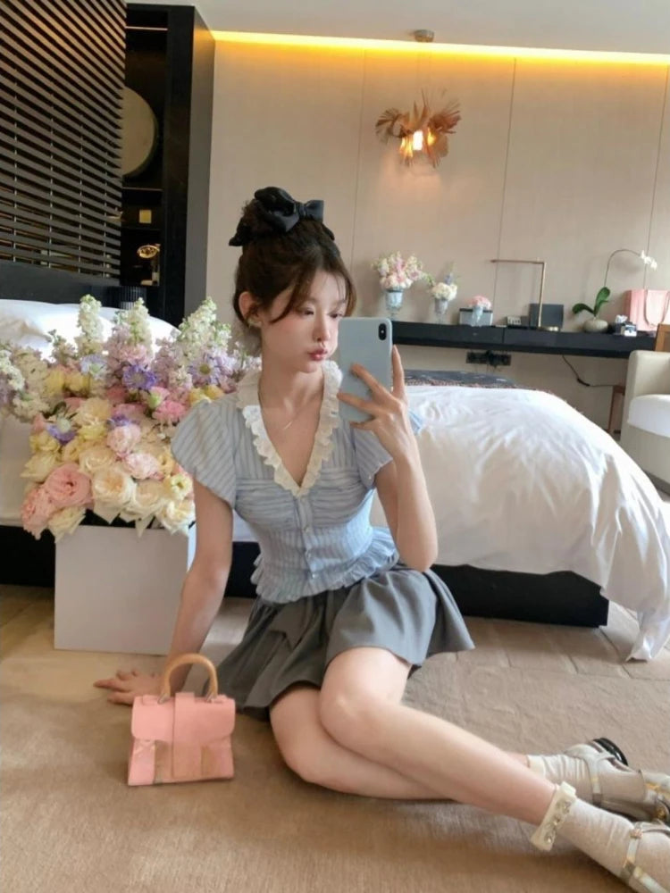 Voguable 2024 New Japanese Style Kawaii Suit Girls Cute Stripe Slim Bouse + Bow Y2k Mini Skirt Korean Fashion Sweet Skirt Set Woman Chic voguable