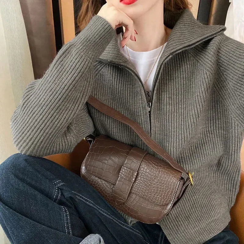 Voguable  Casual Knitted Cardigan Sweaters Women Autumn Vintage Zip-up Solid Loose Long Sleeve Tops Knitwear Chic Kpop voguable