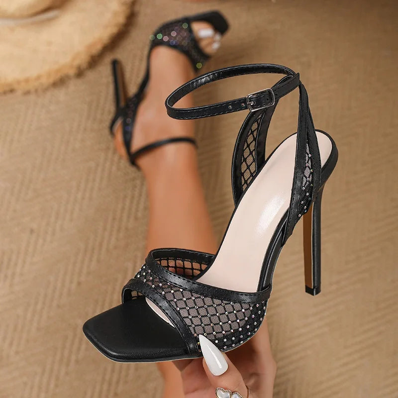 Voguable  New Summer Fashion Crystal Breathable Hollow Out Sandals Women Square Toe Buckle Strap Thin Heels Ladies Shoes voguable