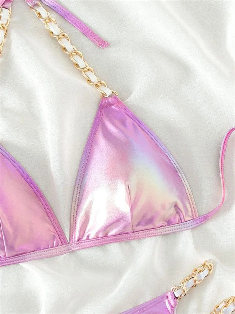 Voguable Push Up Bikini Micro Bikinis Set Pink Gradient Metal Strap Swimsuit Women Sexy Cut Out Bathing Suit High Waist Swimwear voguable