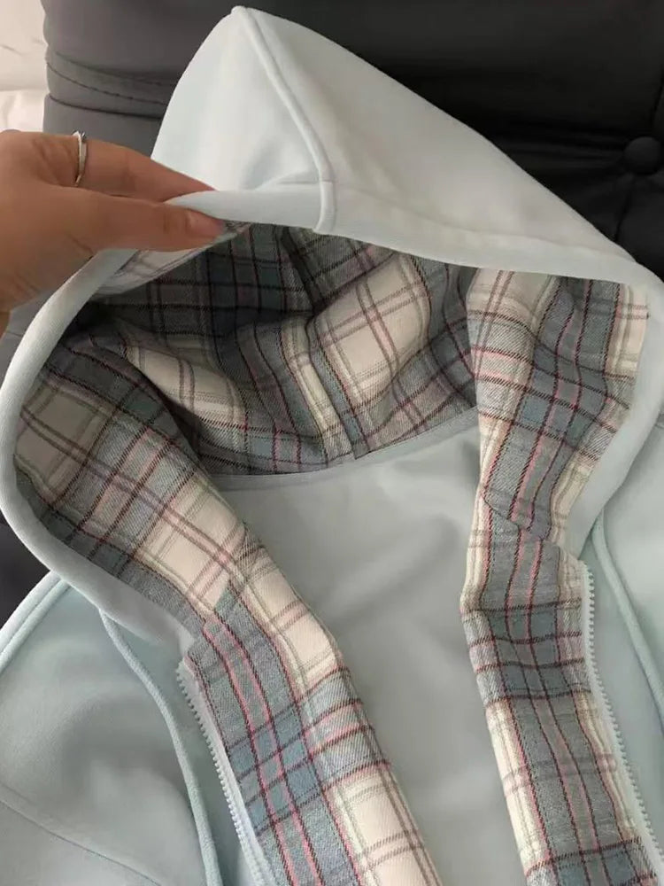 Plaid Patchwork Blue Hoodies Women Sweet Preppy Style Long Sleeve Cute Sweatshirts Loose Casual Vintage Female Korean Tops New voguable