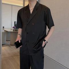 Voguable Summer Sets Men Fashion Double Breasted Short Sleeve Shirt/Trousers Two Piece Set Men Korean Loose Ice Silk Sets Mens Formal Set voguable