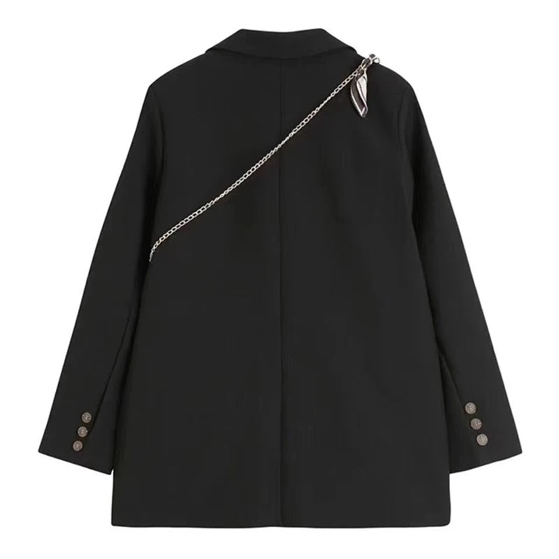 Black Fashion Suit Jacket Women Fashion Double-Breasted Office Ladies Outerwear Y2K Loose Korean Solid Preppy All-Match Coats voguable