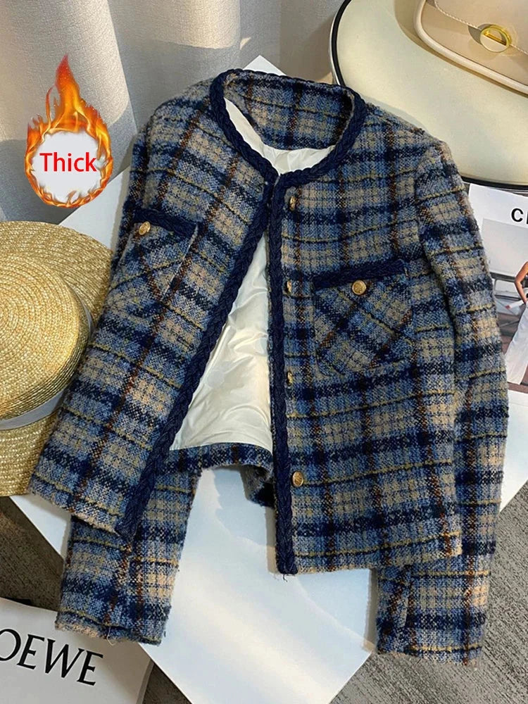 Thick Warm Elegant Tweed Jacket Women Slim Vintage Long Sleeve Winter Coat Korean Casual O Neck Female Retro Sweet Tops New voguable
