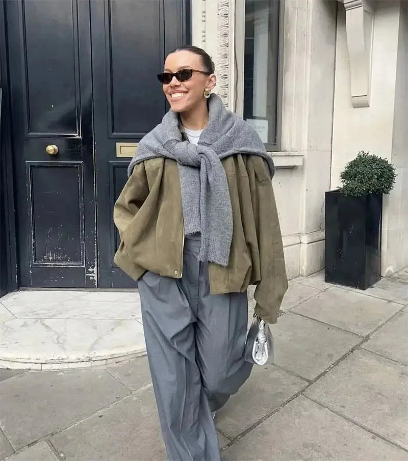 2025 New Fashion Women Green Suede Jacket Spring Lapel Long Sleeve Zipper Oversize Bomber Coat Chic Female High Street Outerwear voguable