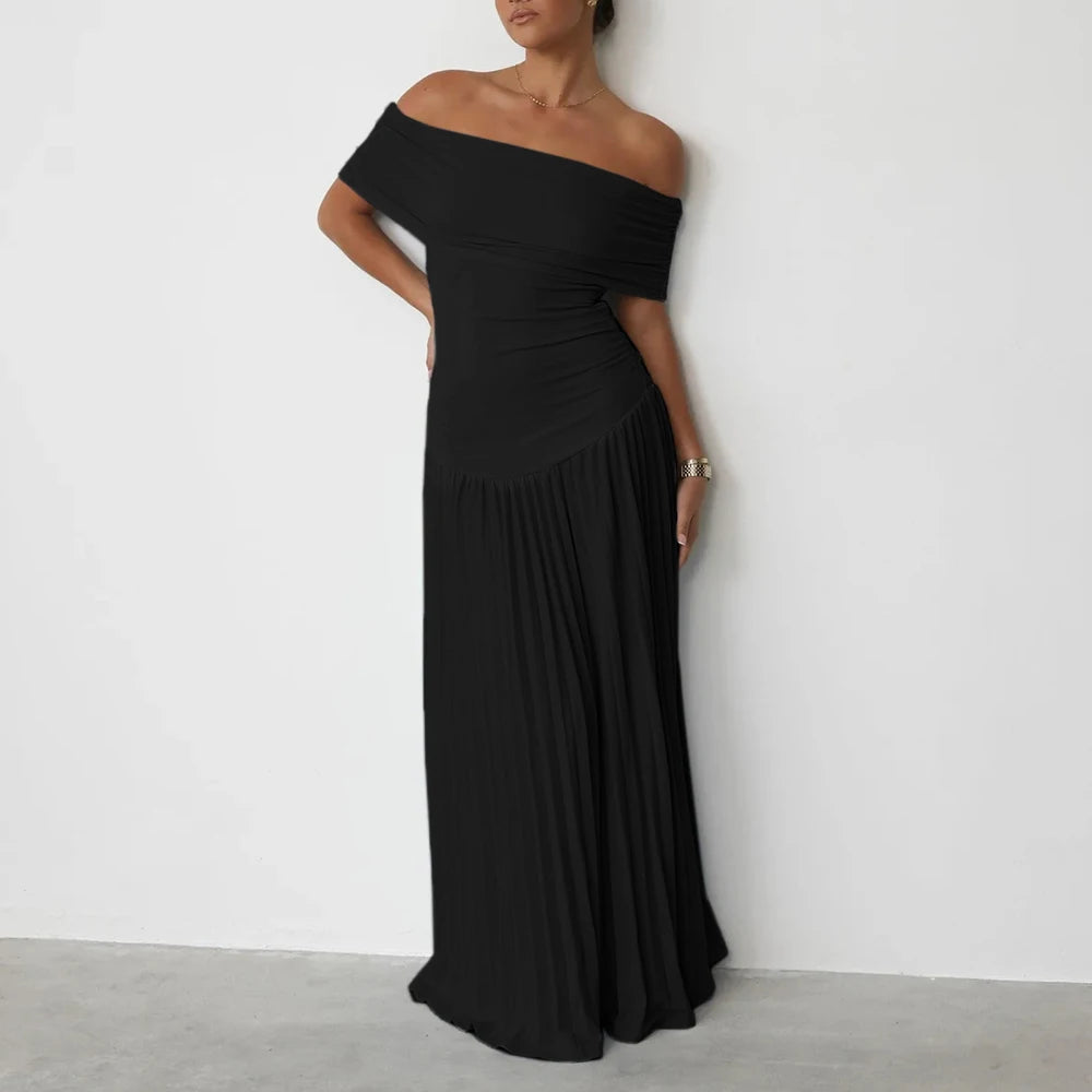 Dresses Summer Elegant Skinny Fit Solid Color Strapless Off Shoulder Fit and Flare Maxi Dresses For Women voguable