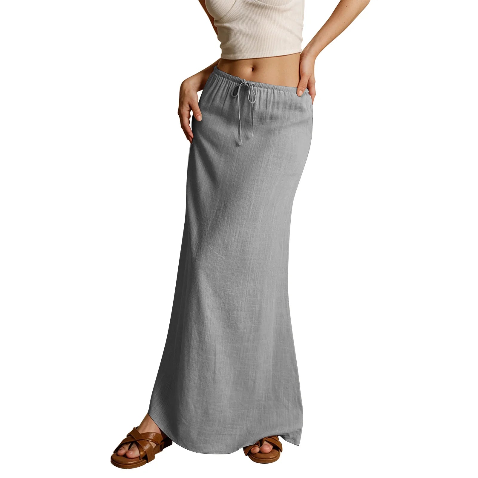 Voguable  Solid Color Straight Drawstring Elastic Waist Casual Ladies Skirt Summer Simple New Versatile Loose Long Skirt for Women voguable