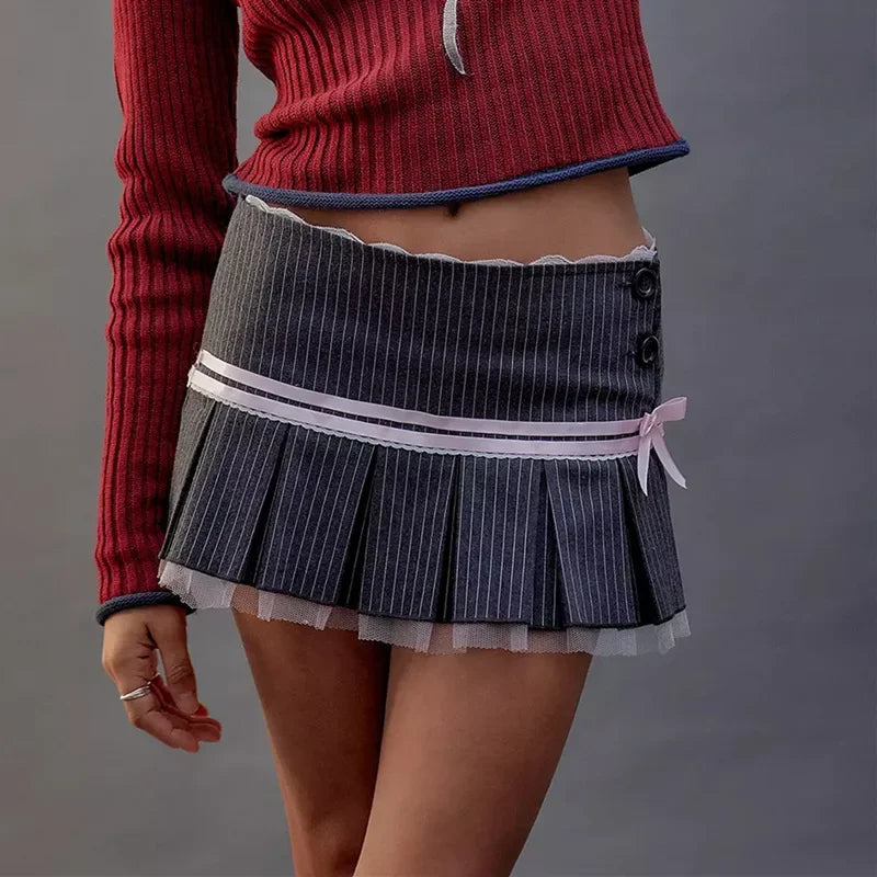 Lace Splice Mini Skirts For Women Bow Bandage Fashion Folds Skirt Hot Girls Winter Casual Lace-up High Waist Skirt Ladies voguable