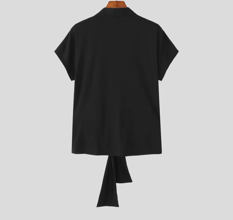 Men Shirt Lace Patchwork V Neck Short Sleeve Transparent Male Tops Streetwear Lace Up Sexy Shirts 2025 Men Clothing voguable