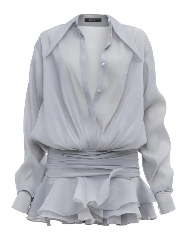 Tossy Fashion White Ruffled Mini Dress For Women Cardigan Patchwork See-Through Long Sleeve Sexy Night Club Party Dress Women's voguable